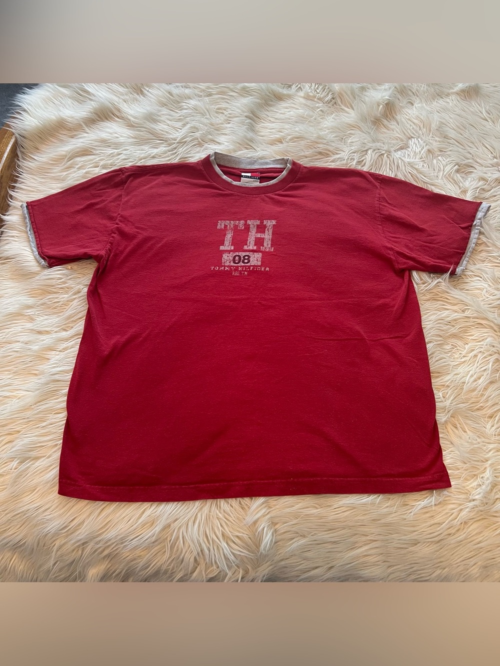 Vintage Y2K Tommy Hilfiger Sports T Shirt Red Double Crew Neck Men’s Size XL